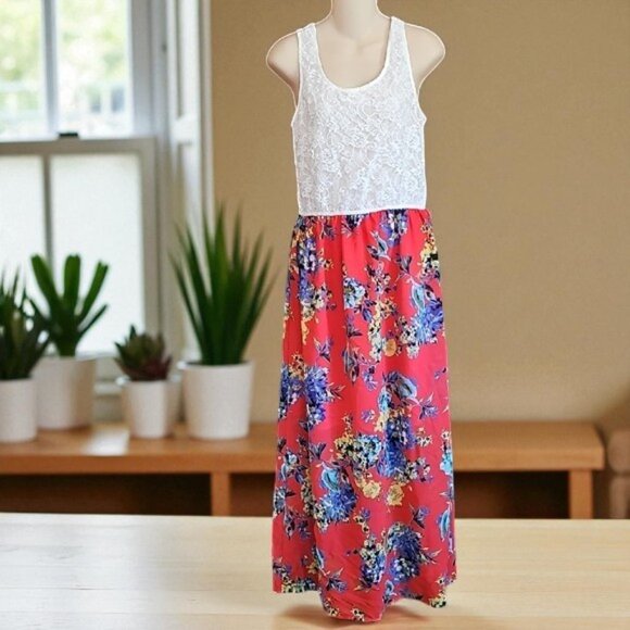 Speed Control Dresses & Skirts - Speed Control Floral Red Maxi Skirt White lace top sleeveless